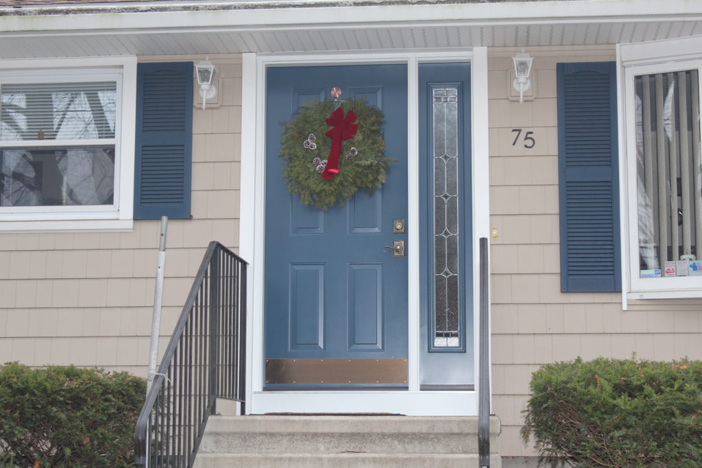 blue front door for beige house