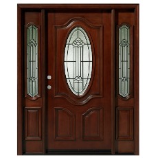 Mahogany front door with decorative sidelights.
