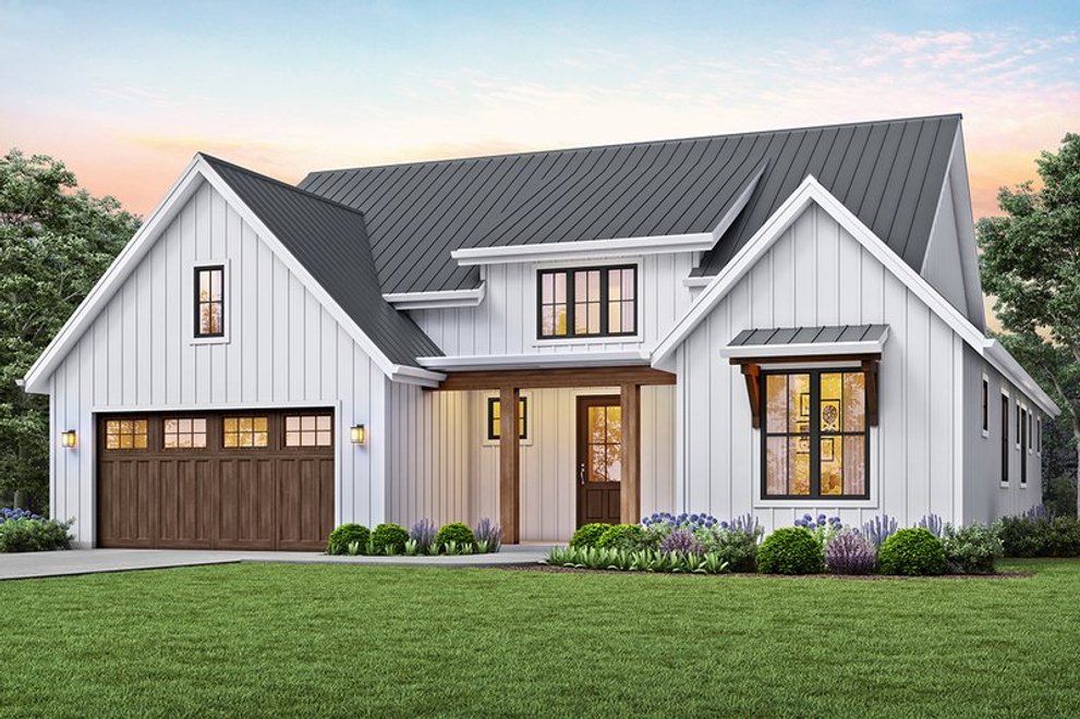 ranch house style with black windows.